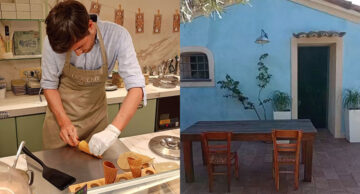 Photo A: Hands preparing fresh gelato during a traditional gelato making class Photo B: Rustic villa exterior where a hands on pizza making experience takes place