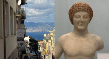 Photo A: Panoramic sea view from Reggio Calabria looking across to Sicily Photo B: Ancient statue displayed at the National Archaeological Museum of Reggio Calabria