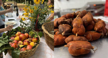 Photo A: Rustic picnic set outdoors in the Calabrian countryside Photo B: Traditional Calabrian salami nduja prepared using local methods