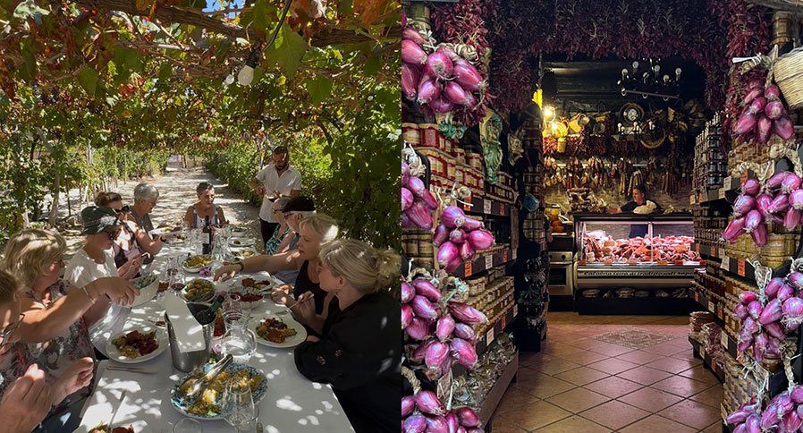 Photo A: Outdoor dining table set among Calabrian vineyards during a countryside cooking experience

Photo B: Artisan salumi shopfront in Tropea with hanging cured meats and red onions
