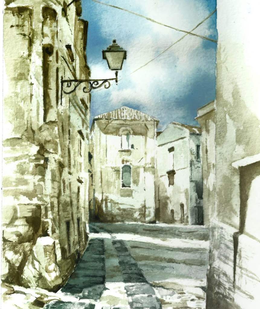 Watercolour painting by Francesco Caracciolo of a narrow stone street and church in Calabria, Art and Craft Tour Italy