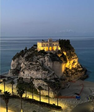Tropea historic centre overlooking the Tyrrhenian Sea in Southern Calabria, Italy at sunset.